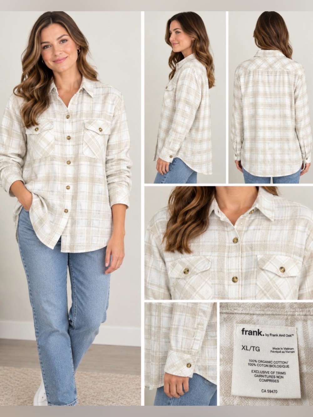 Frank And Oak Women’s XL Cream Beige Plaid Organic Cotton Flannel Shirt